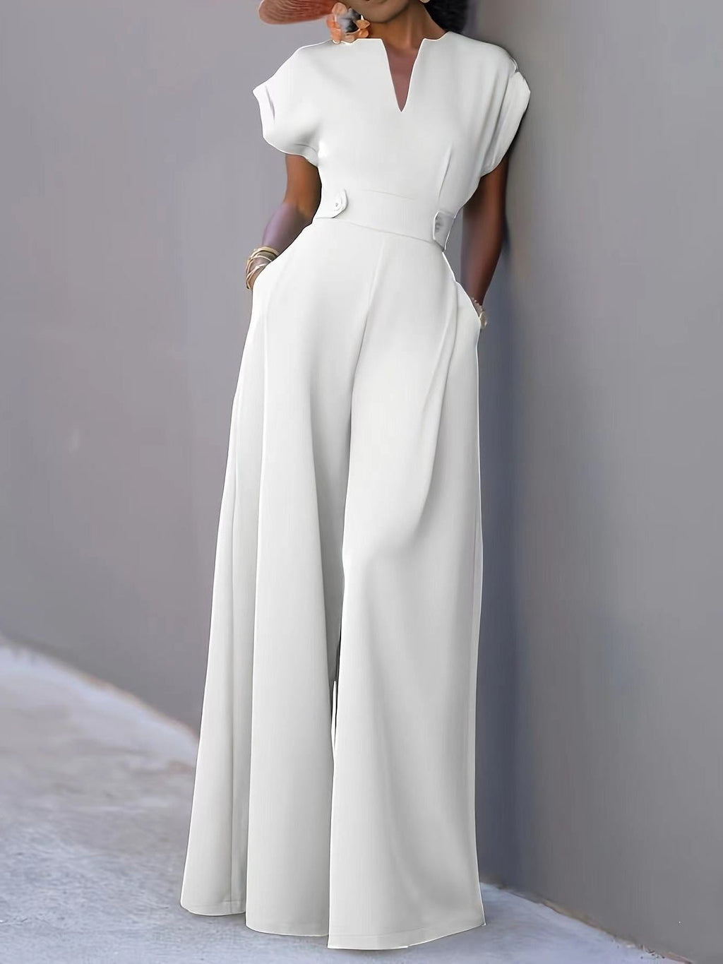 Women's V-Neck Wide-Leg Jumpsuit with Pockets