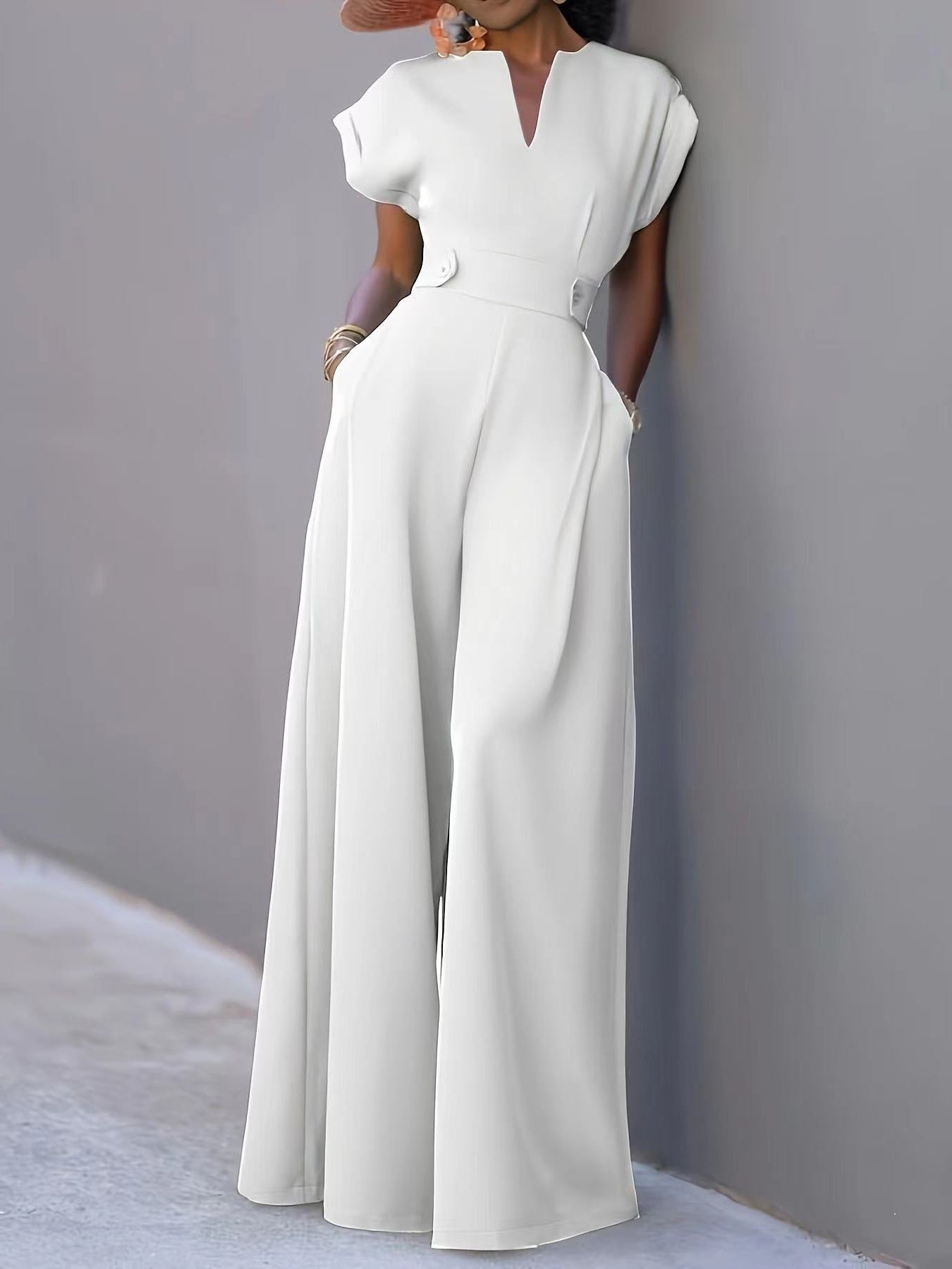 Women's V-Neck Wide-Leg Jumpsuit with Pockets