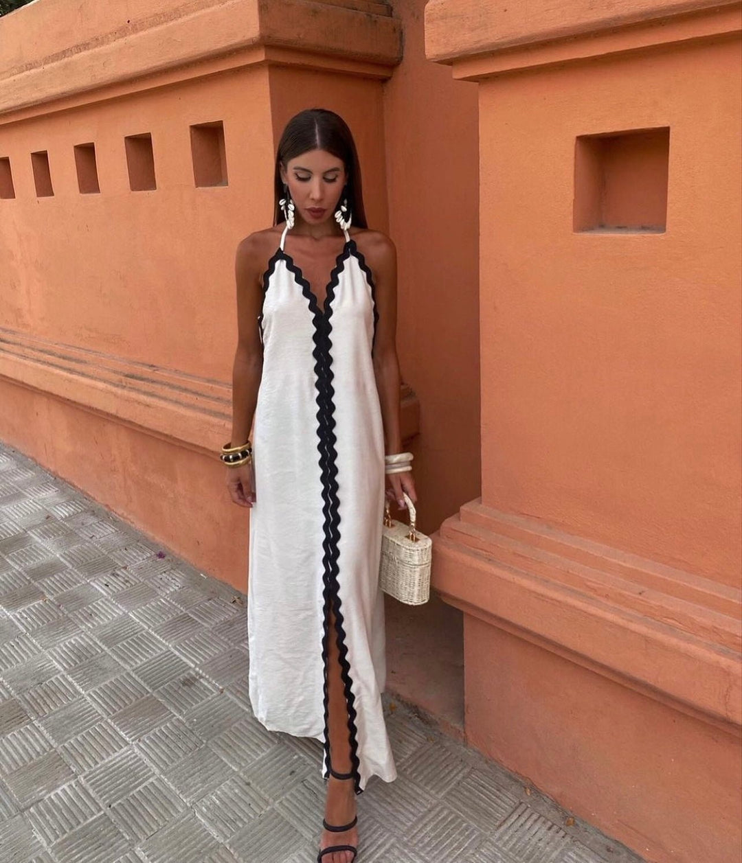 Women’s Wavy Trim Halter Maxi Dress