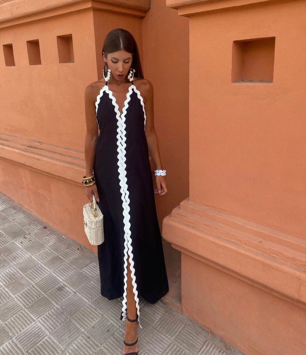 Women’s Wavy Trim Halter Maxi Dress