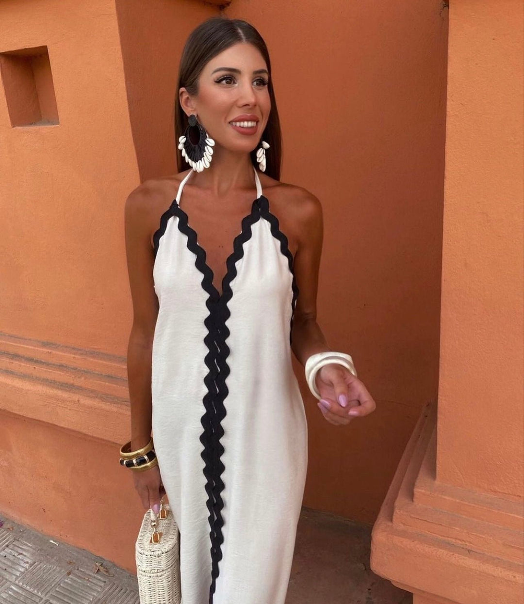 Women’s Wavy Trim Halter Maxi Dress