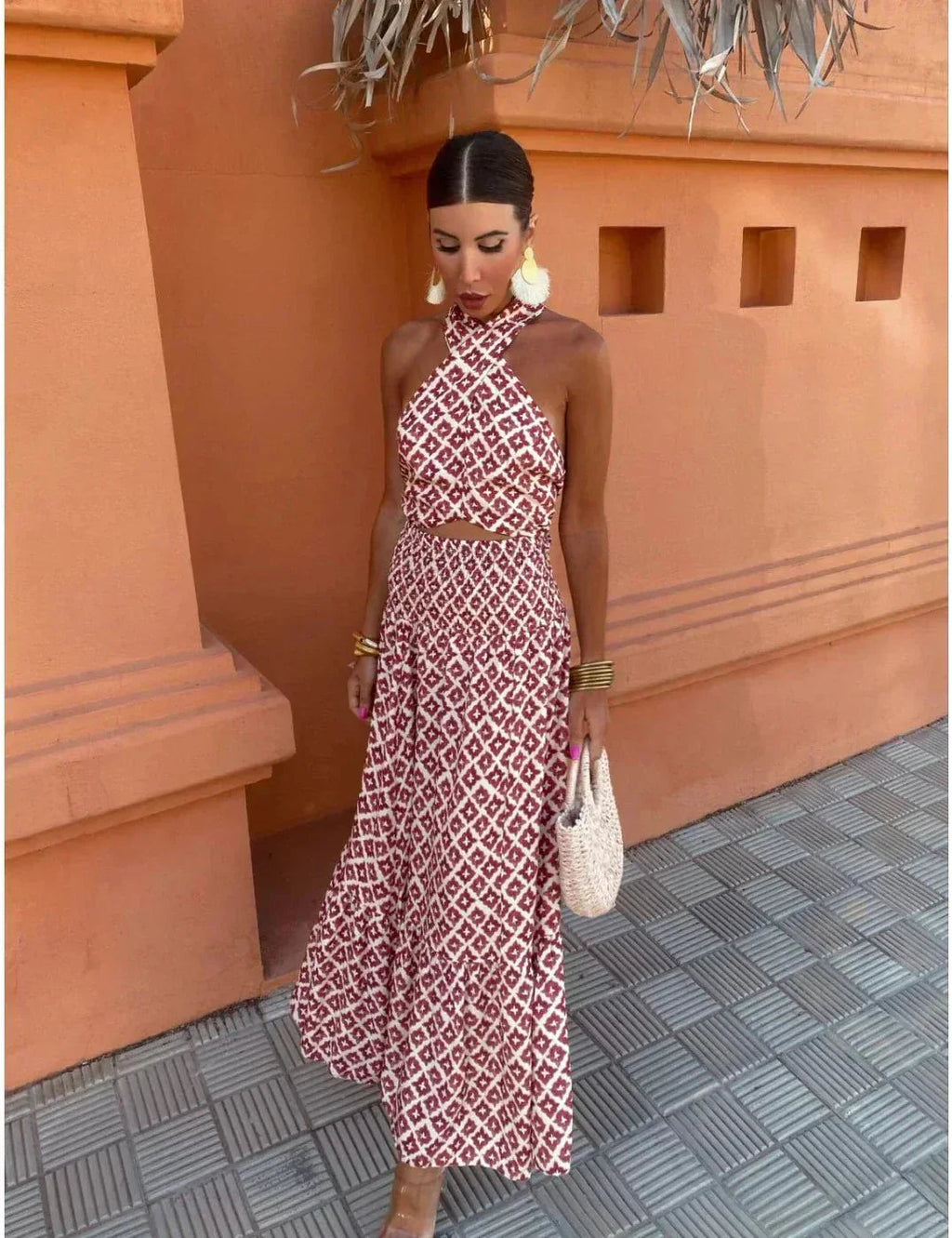 Covernorth Women's Geometric Print Halter Maxi Dress