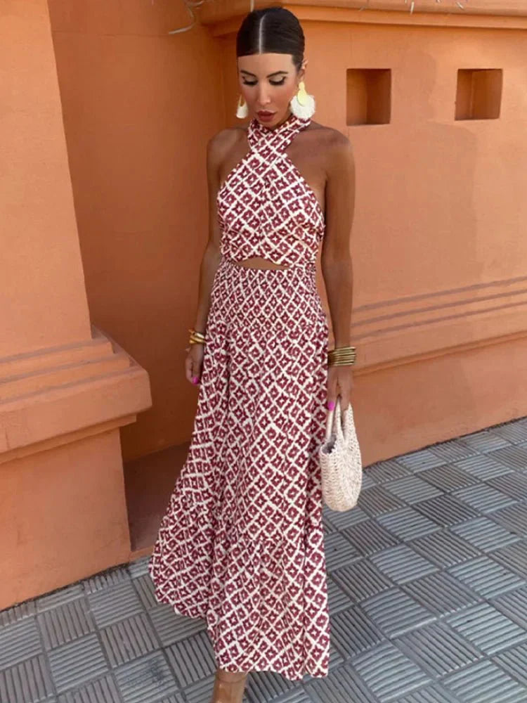 Covernorth Women's Geometric Print Halter Maxi Dress