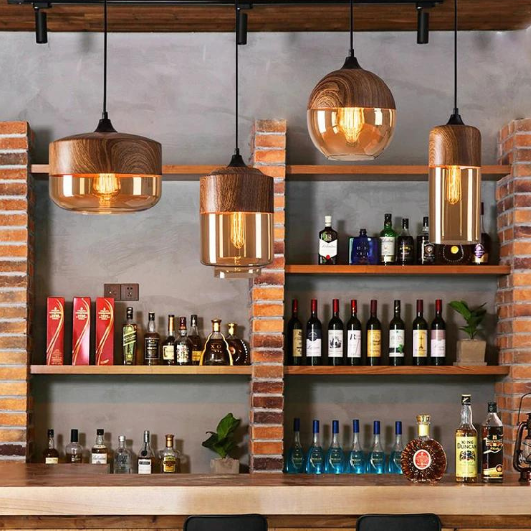 Amber Glass Wood Pendant Lamp