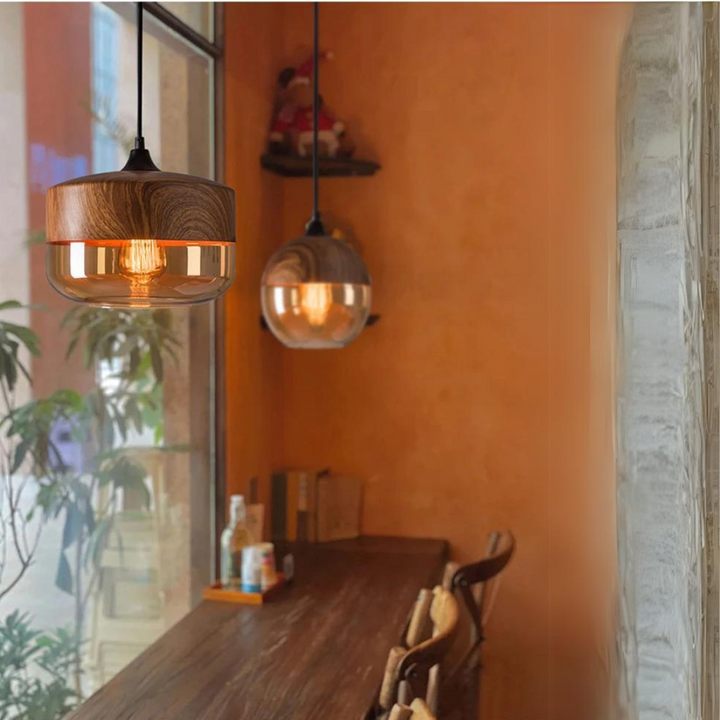 Amber Glass Wood Pendant Lamp