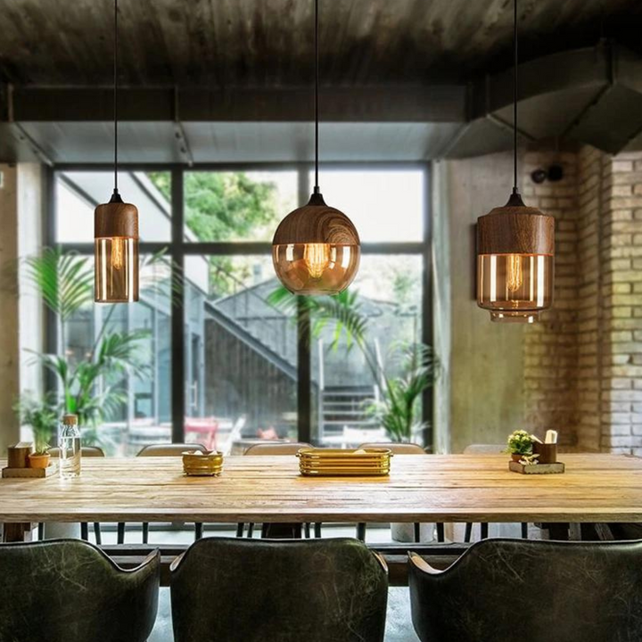 Amber Glass Wood Pendant Lamp