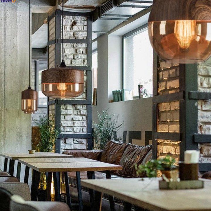 Amber Glass Wood Pendant Lamp
