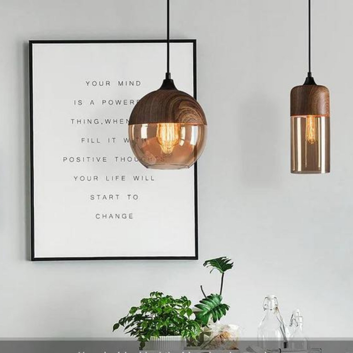Amber Glass Wood Pendant Lamp