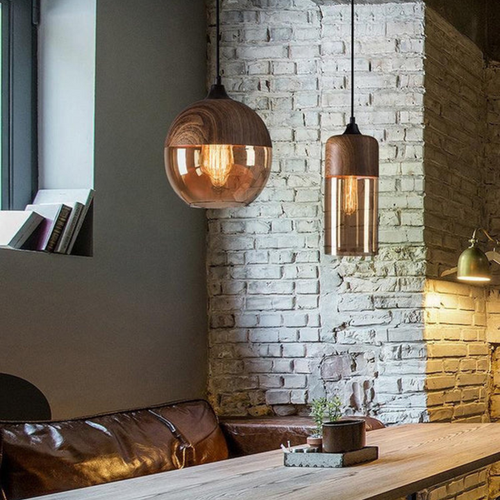 Amber Glass Wood Pendant Lamp