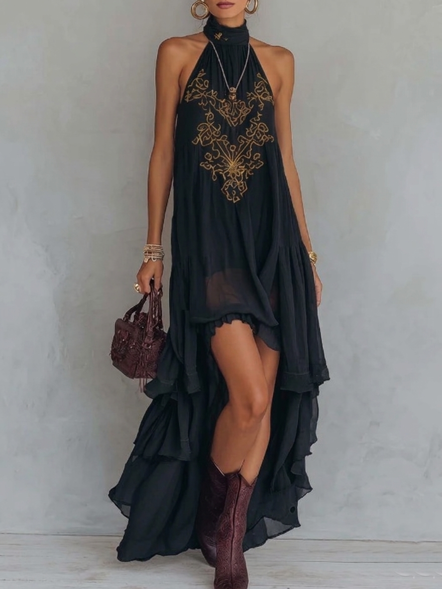 Covernorth Backless High-Low Halter Maxi Dress