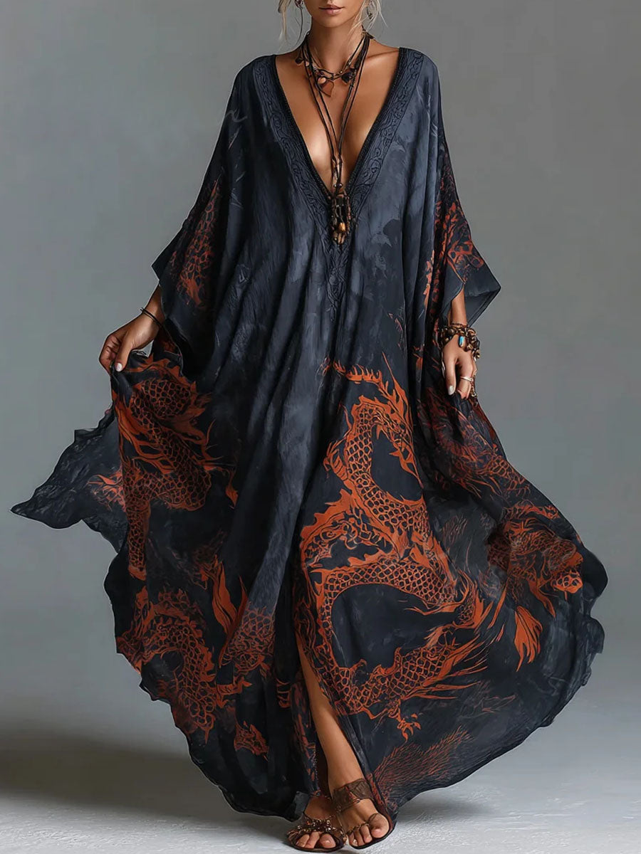 Covernorth Oversized V-Neck Dragon Kaftan Dress