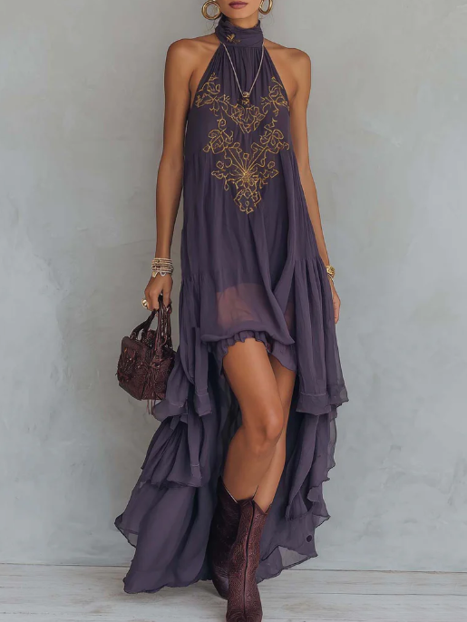 Covernorth Backless High-Low Halter Maxi Dress