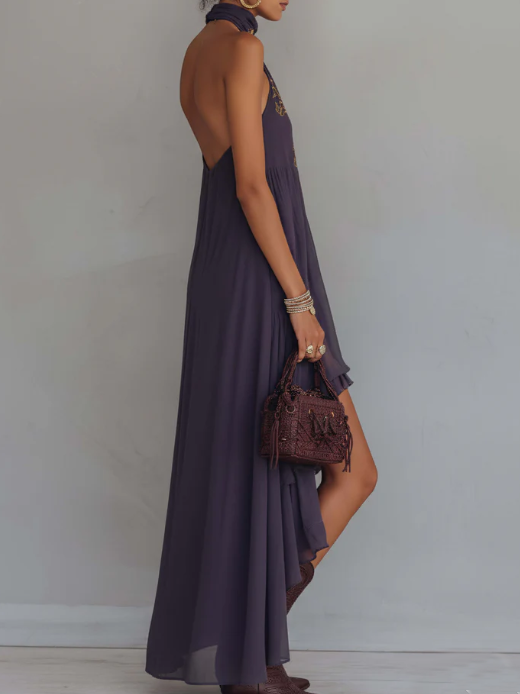 Covernorth Backless High-Low Halter Maxi Dress
