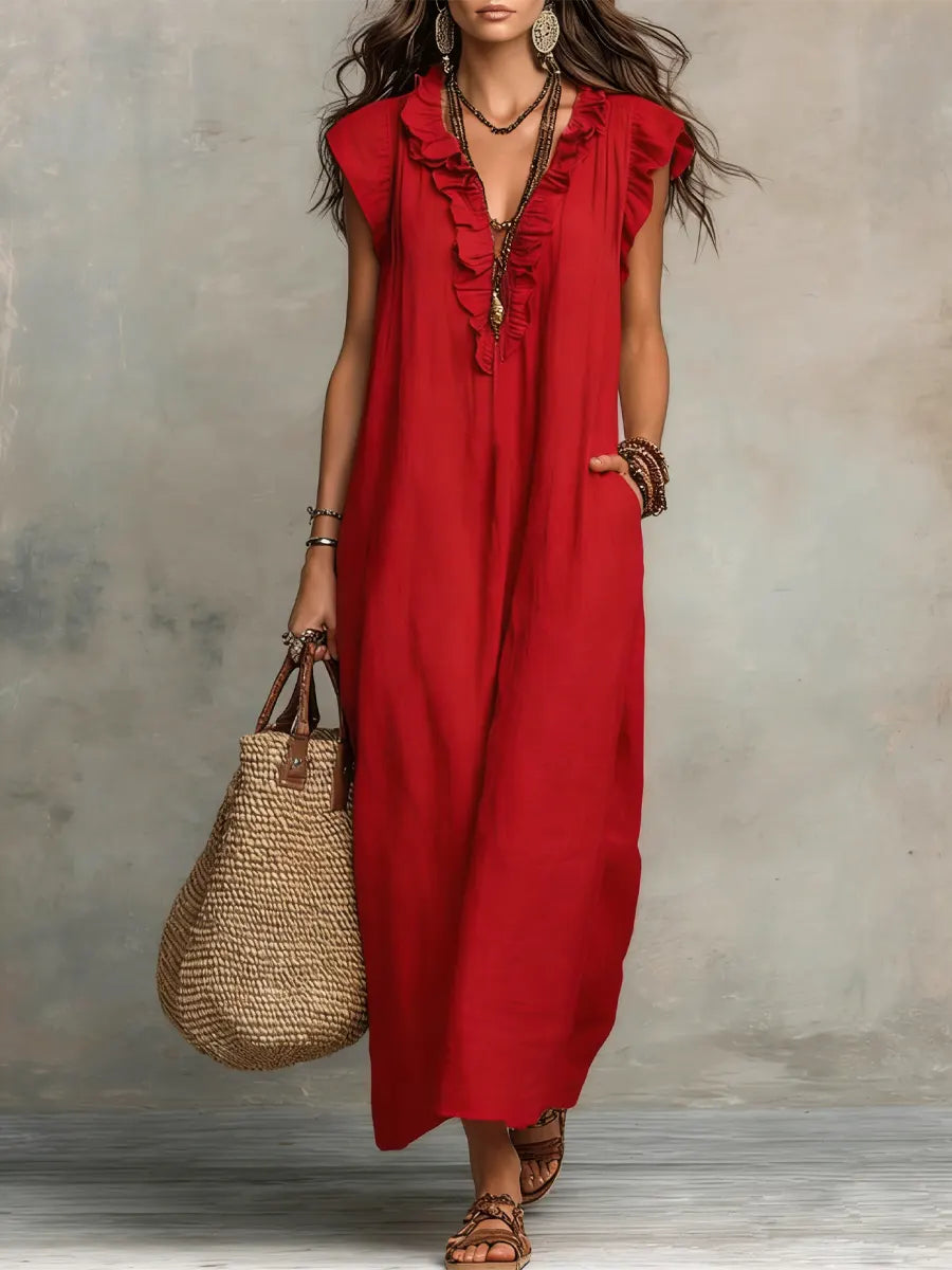 Covernorth Women's Ruffle V-Neck Maxi Dress with Pockets