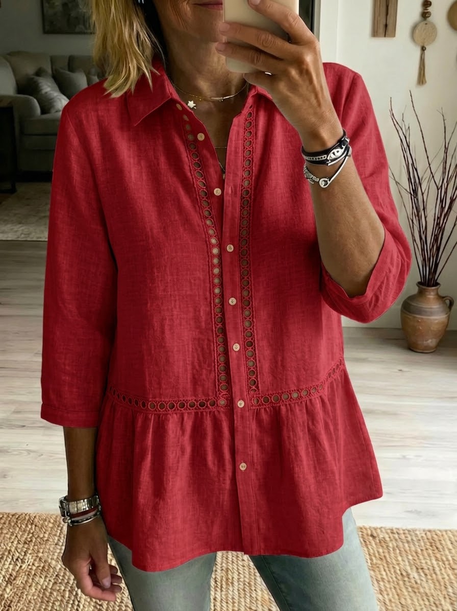Women’s Eyelet Trim Linen Peplum Blouse