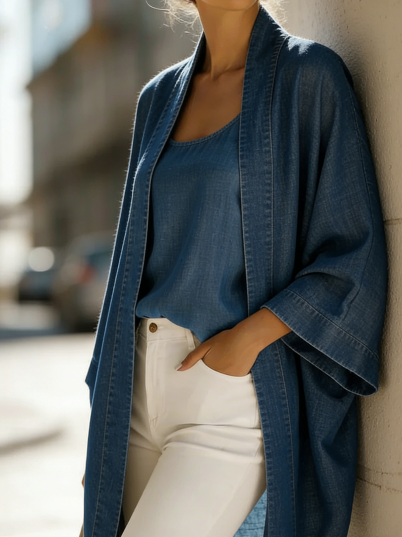 Women’s Two-Piece Denim Kimono Cardigan and Tank Top Set
