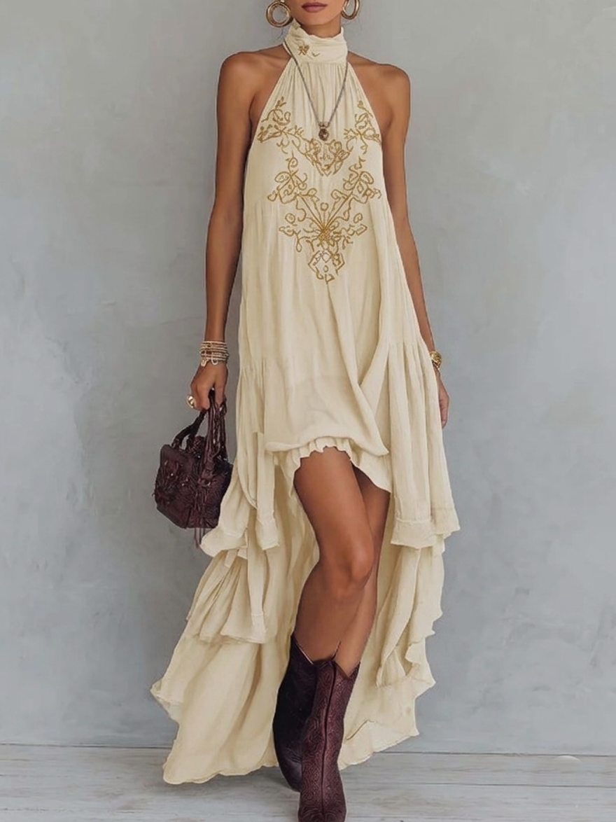 Covernorth Backless High-Low Halter Maxi Dress