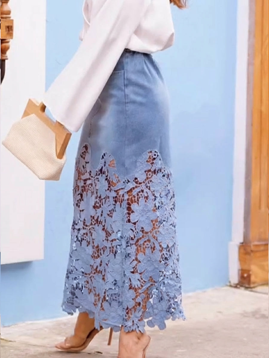 Covernorth Women's Floral Lace Patchwork Denim Maxi Skirt