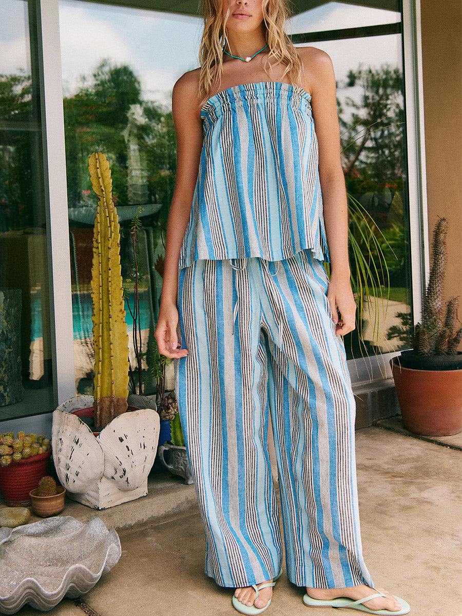 Covernorth Women's Striped Strapless Top and Wide-Leg Pants Set