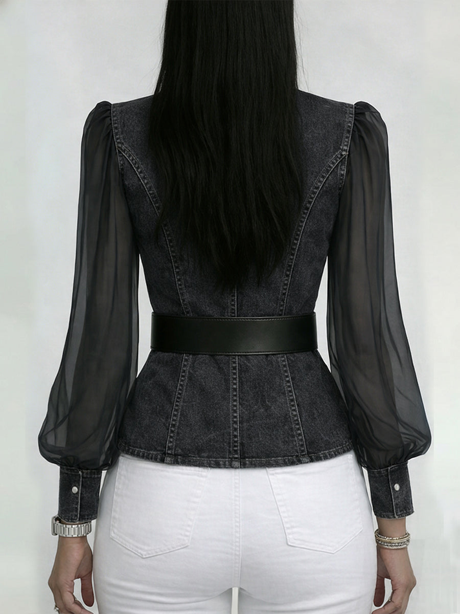 Women’s Sheer-Sleeve Denim Wrap Blouse
