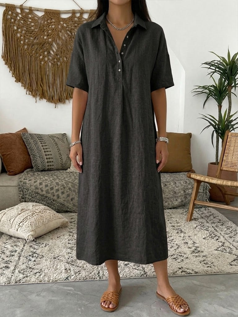 Women's Linen-Blend Short-Sleeve Polo Midi Dress