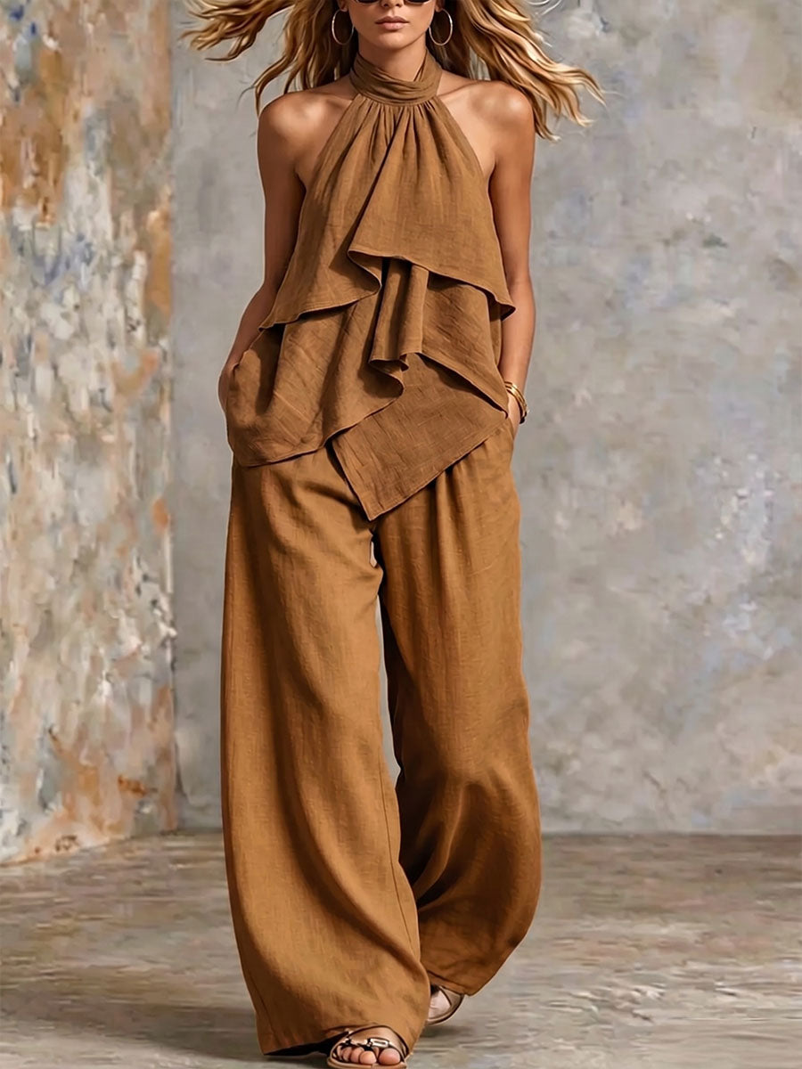 Women's Tiered Halter Top and Wide-Leg Trousers Set