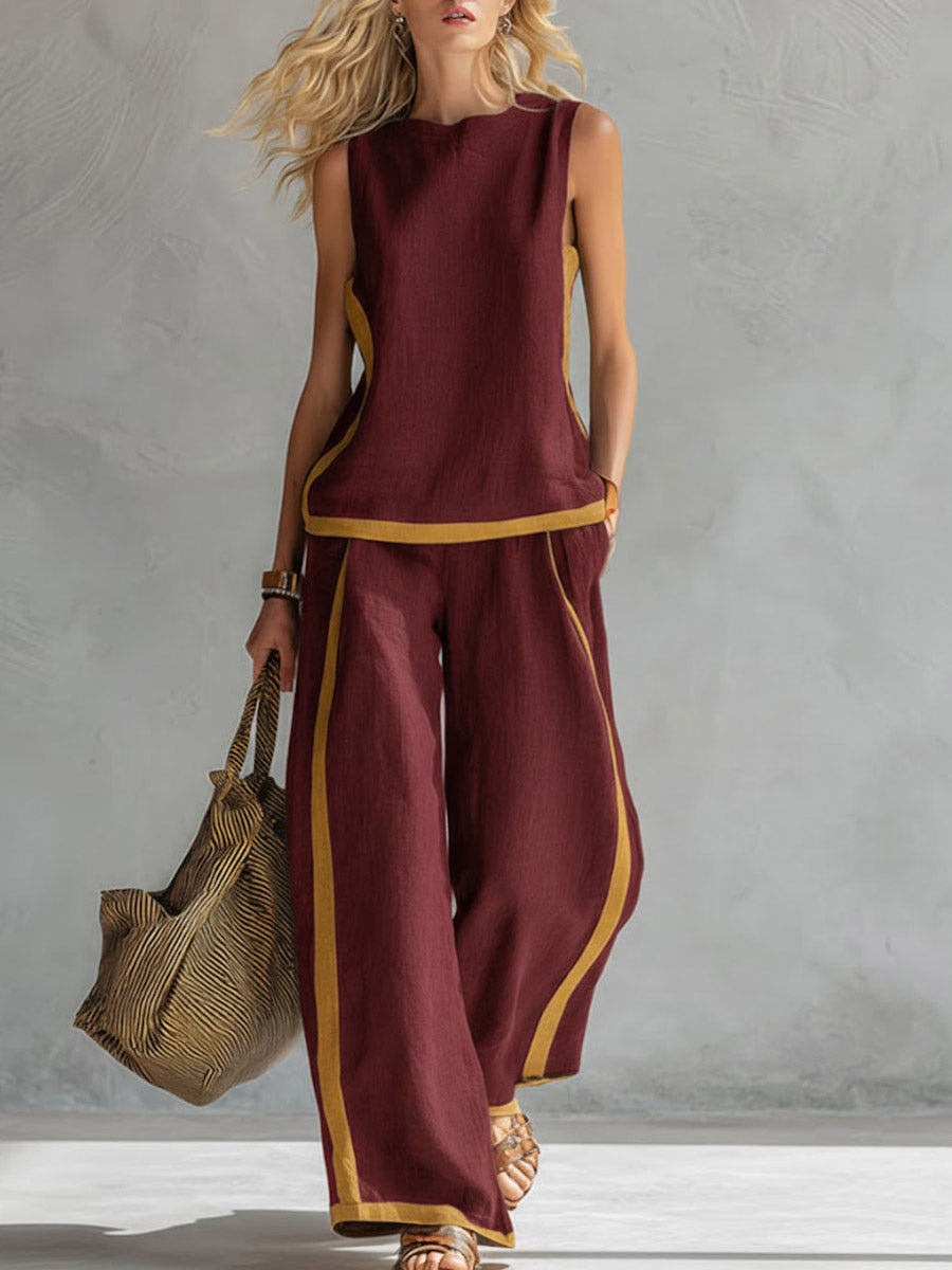 Covernorth Women's Two-Piece Linen Top and Wide-Leg Trousers Set