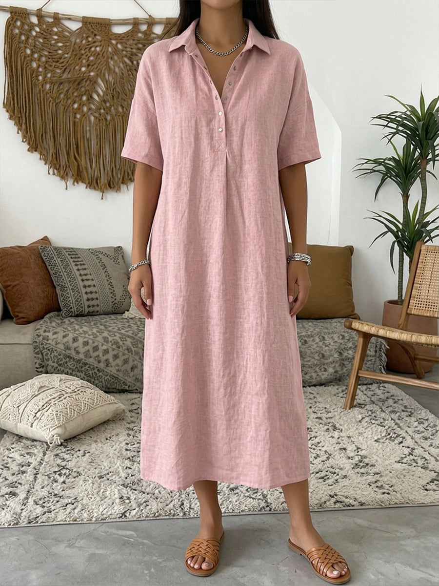 Women's Linen-Blend Short-Sleeve Polo Midi Dress