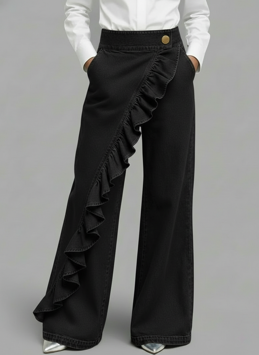 Women's Ruffle-Trim Wide-Leg Denim Trousers