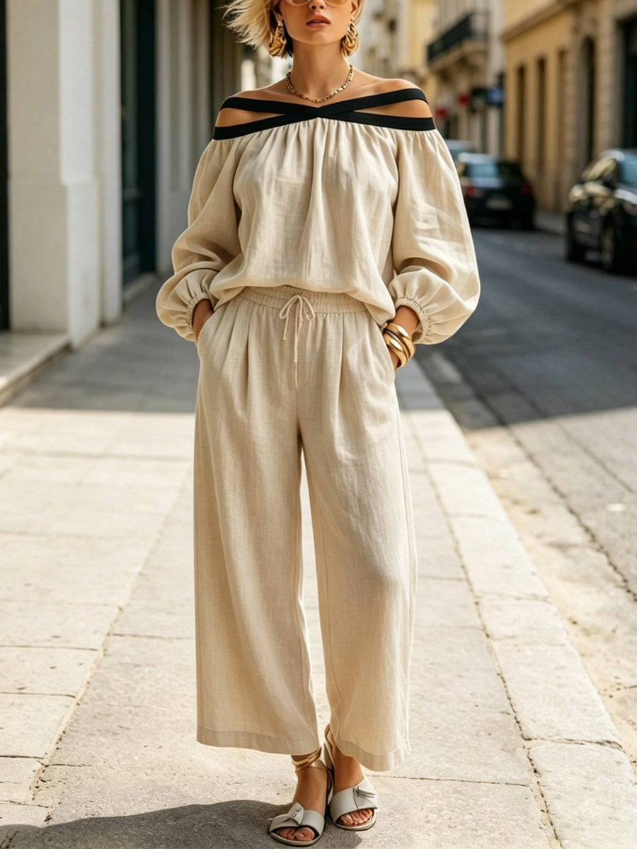 Women's Off-the-Shoulder Linen Two-Piece Set