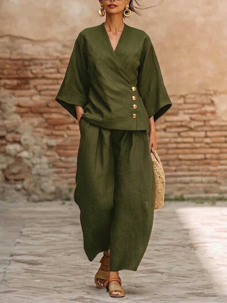 Women's Wrap Top and Wide-Leg Pants Set