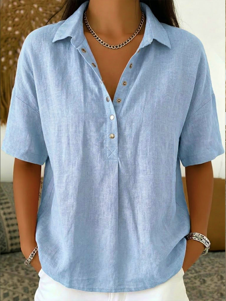 Women's Linen-Blend Short-Sleeve Henley Shirt