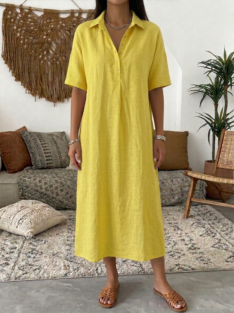 Women's Linen-Blend Short-Sleeve Polo Midi Dress