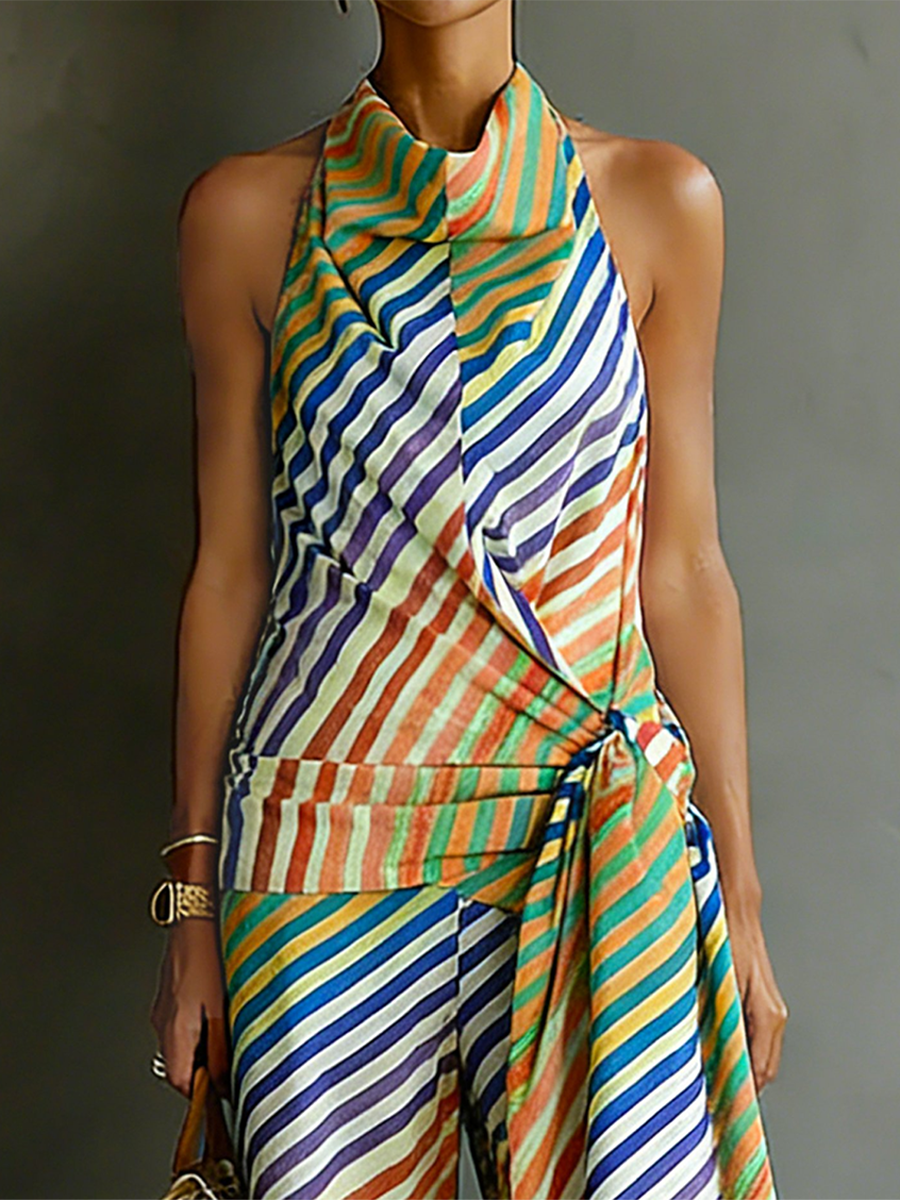 Covernorth Women's Striped Halter Top and Wide-Leg Trousers Set