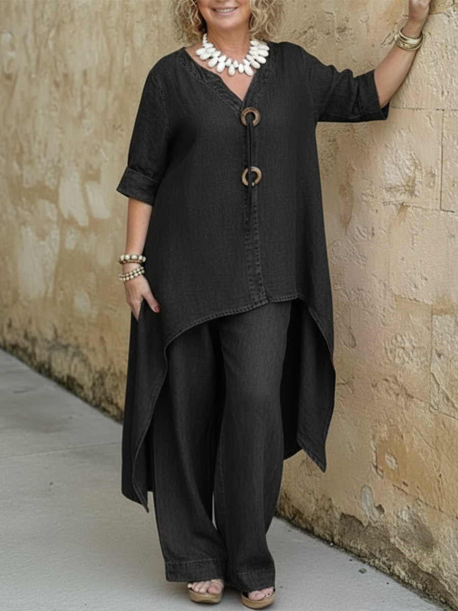 Women's Denim High-Low Tunic and Wide-Leg Pants Set
