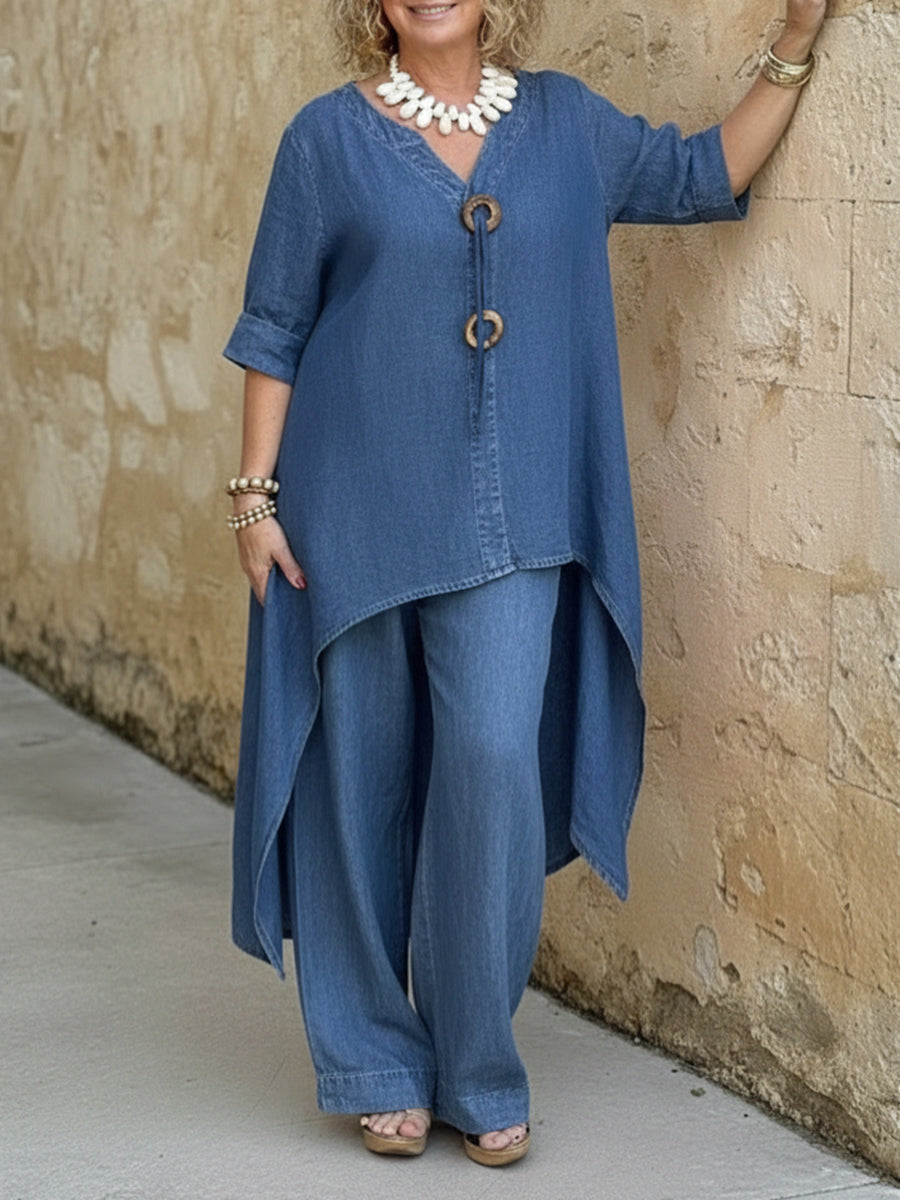 Women's Denim High-Low Tunic and Wide-Leg Pants Set