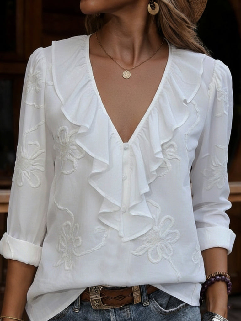 Women's Ruffled V-Neck Embroidered Blouse