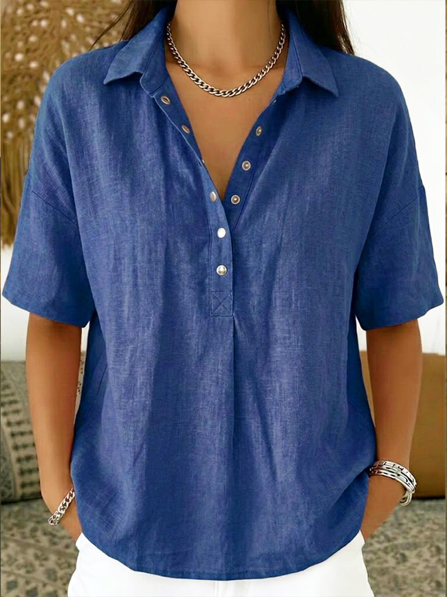Women's Linen-Blend Short-Sleeve Henley Shirt