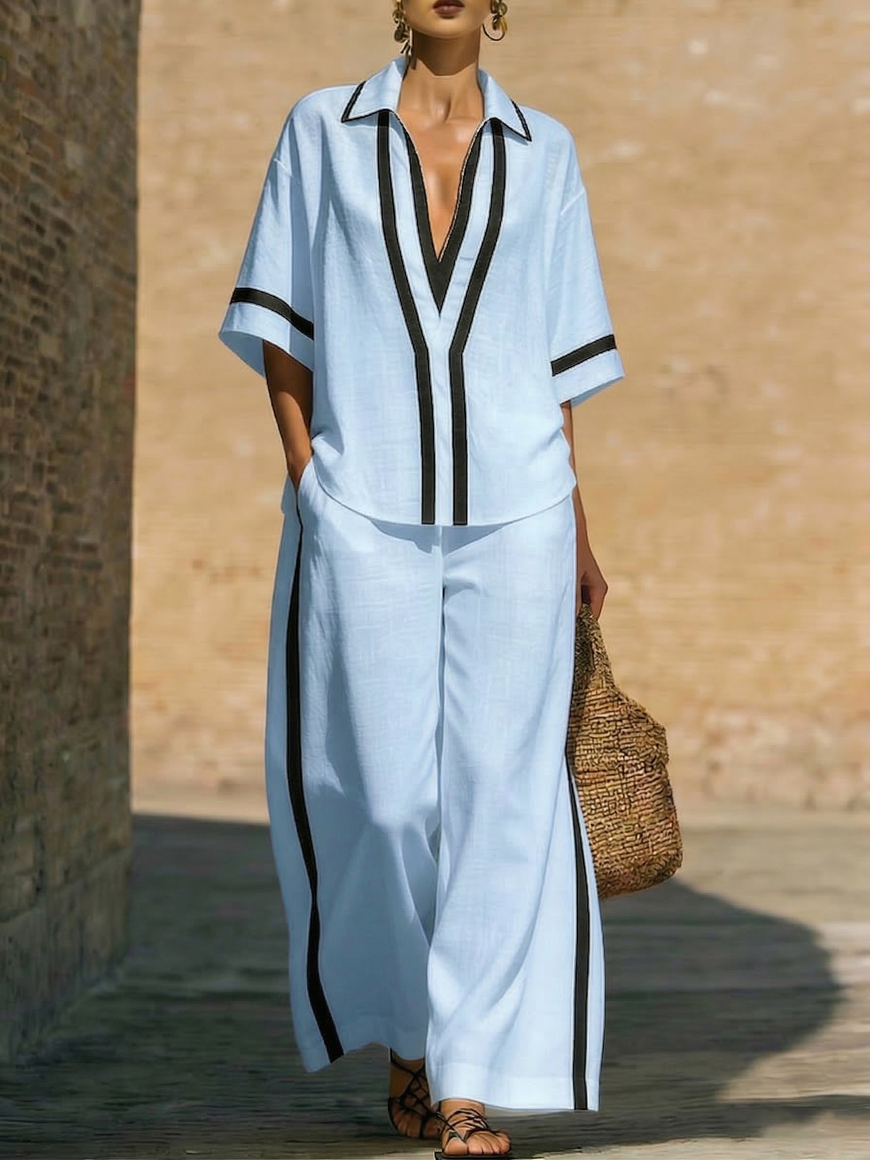 Women’s Contrast-Trim Tunic and Wide-Leg Pants Set