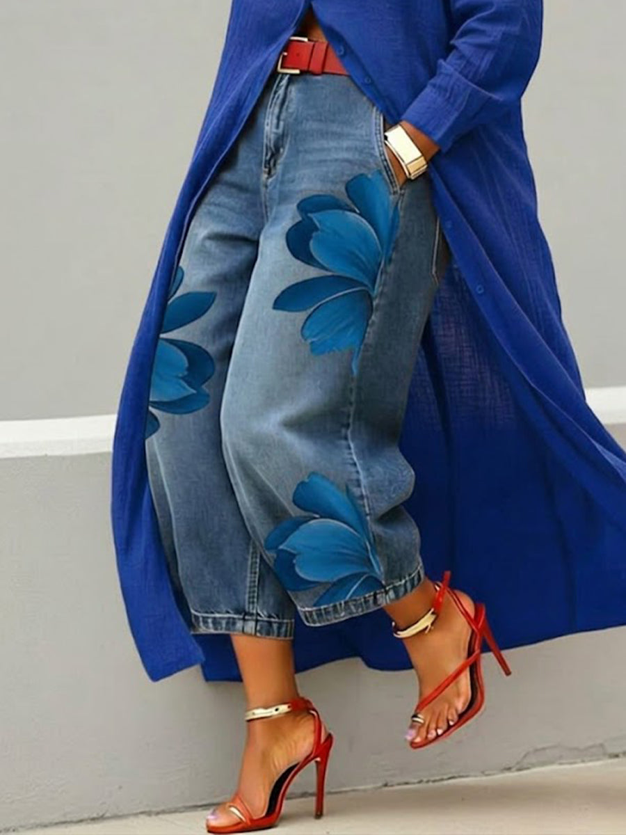 Women's Floral Print Wide-Leg Jeans