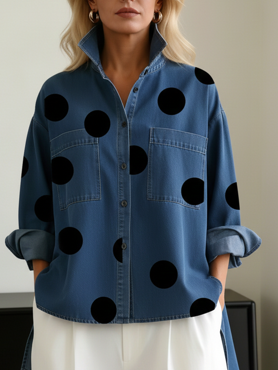 Women's Oversized Polka Dot Denim Shirt