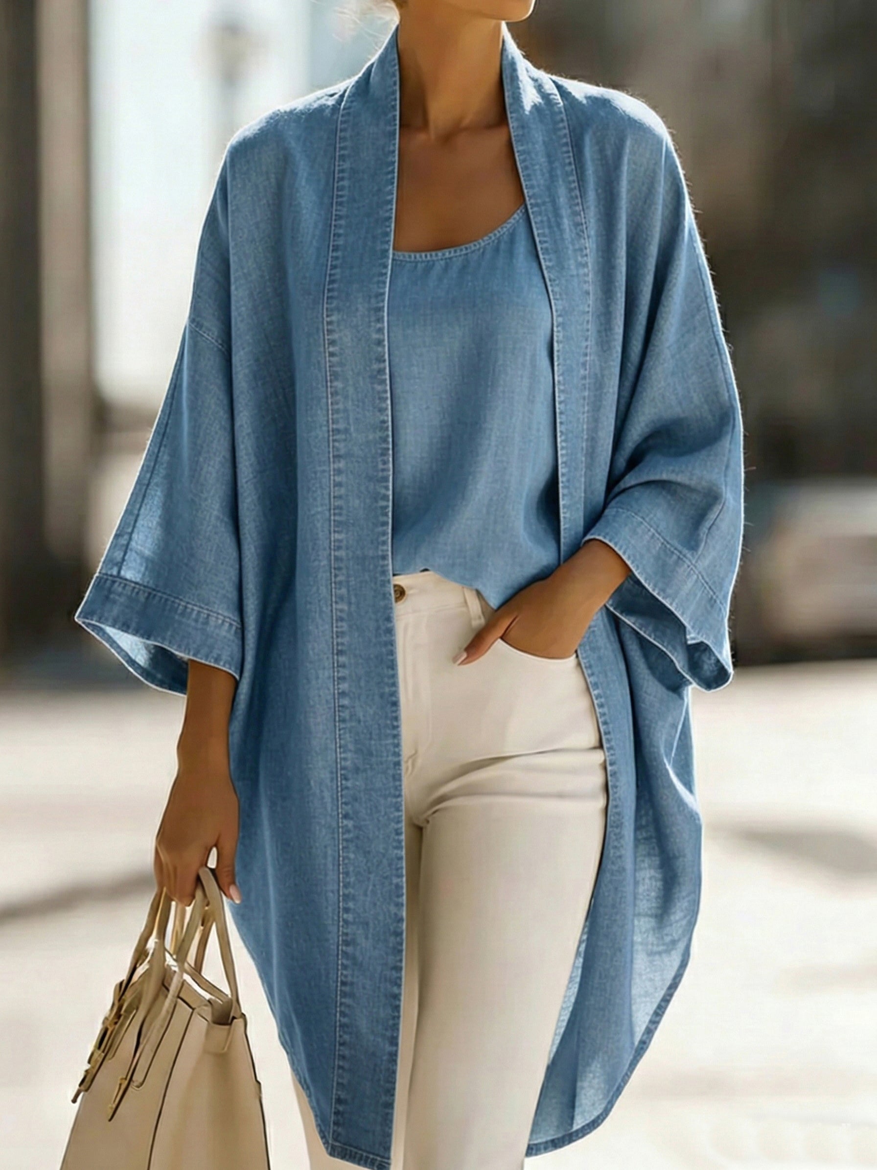 Women’s Two-Piece Denim Kimono Cardigan and Tank Top Set
