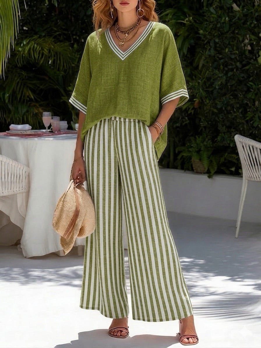 Covernorth Women's V-Neck Top and Striped Pants Set