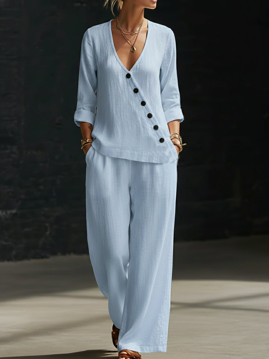 Covernorth Women’s Button Long-Sleeve Top and Wide-Leg Pants Set