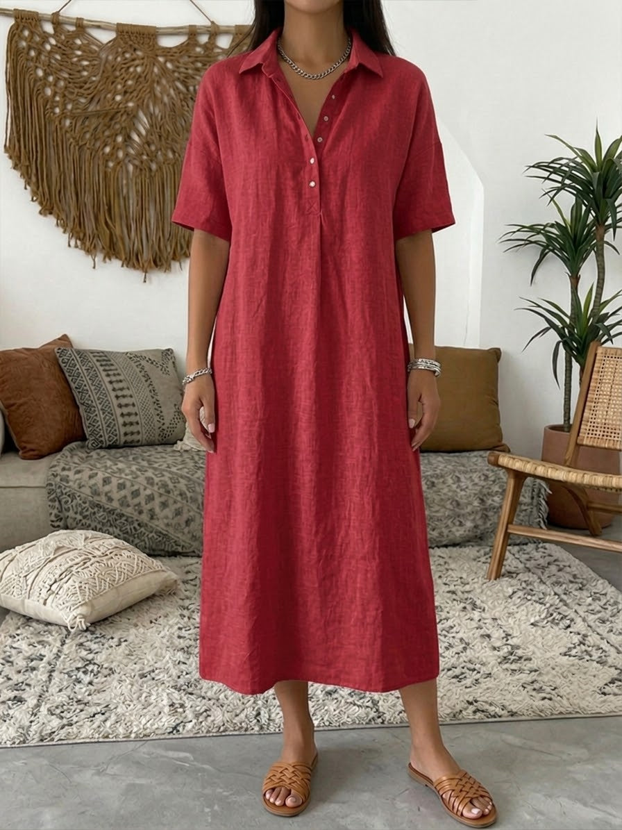 Women's Linen-Blend Short-Sleeve Polo Midi Dress