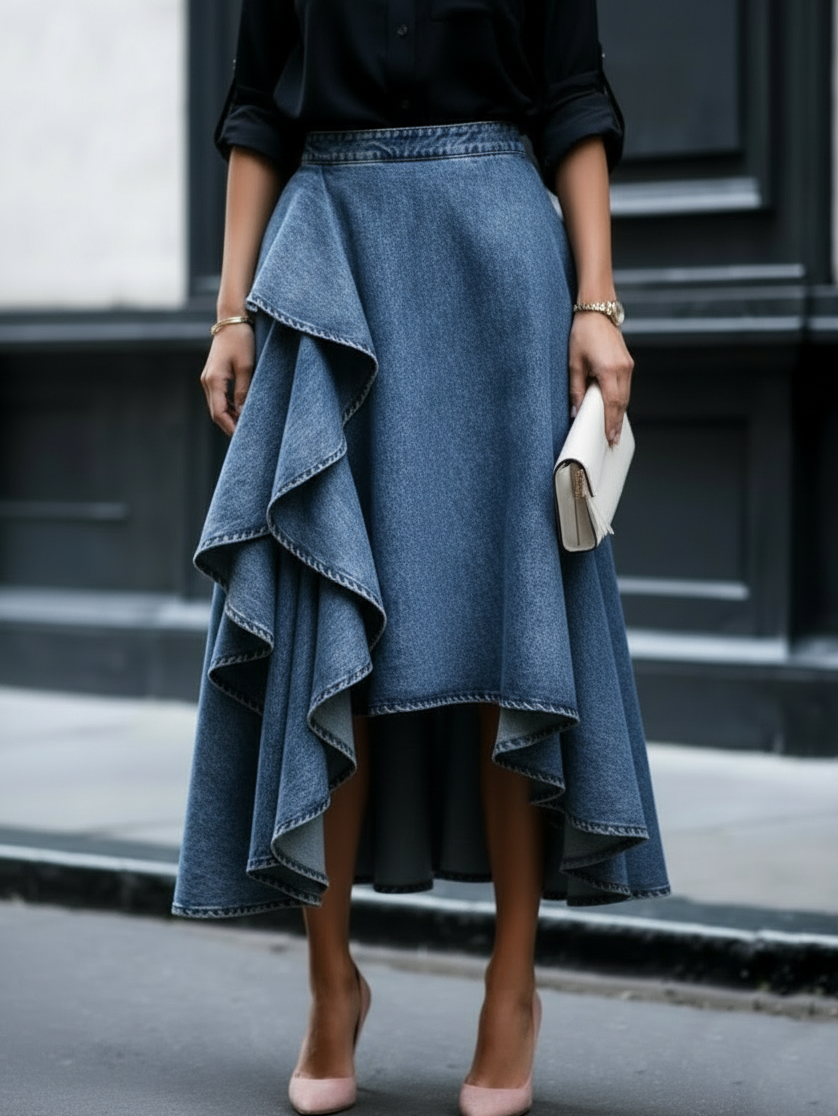 Covernorth Women’s Ruffled Denim Midi Skirt