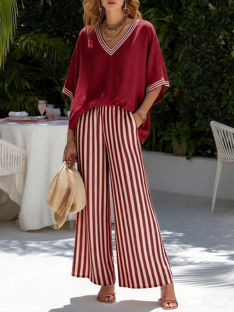 Covernorth Women's V-Neck Top and Striped Pants Set