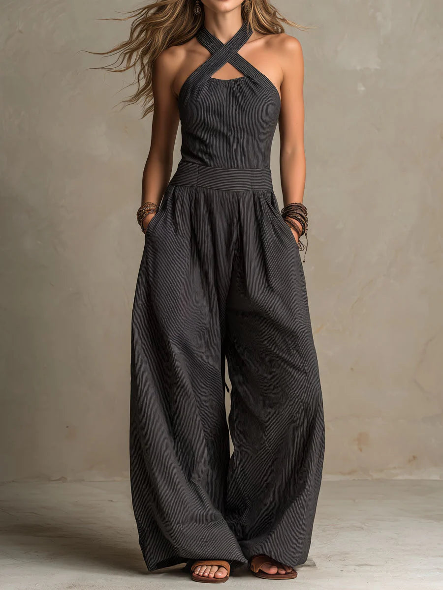 Covernorth Women’s Striped Crisscross Halter Wide-Leg Jumpsuit