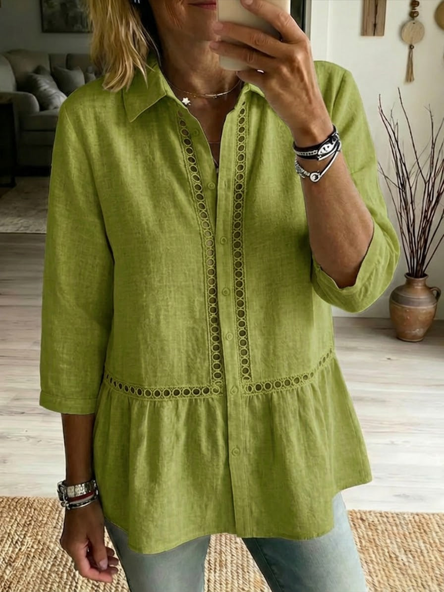 Women’s Eyelet Trim Linen Peplum Blouse