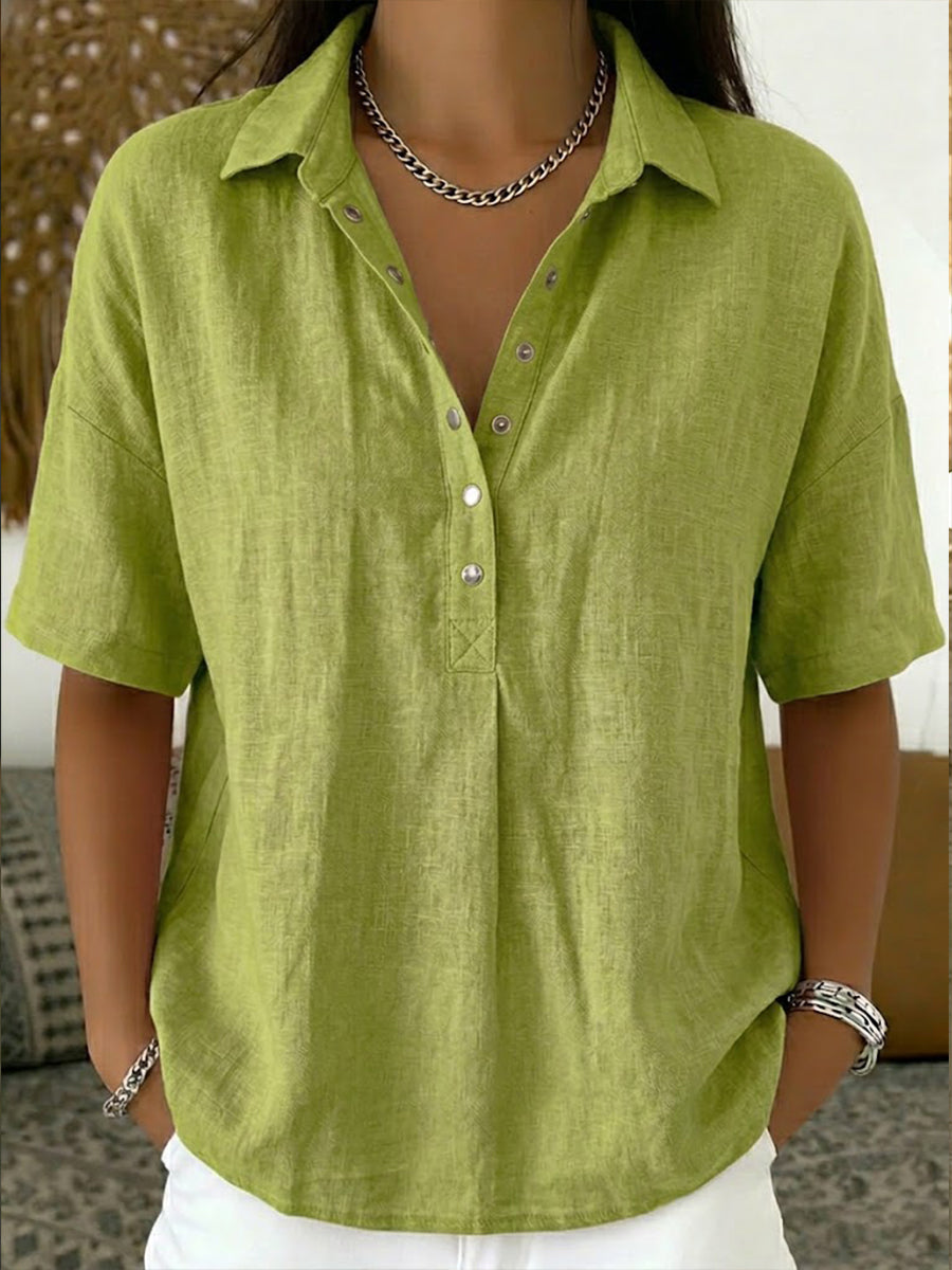 Women's Linen-Blend Short-Sleeve Henley Shirt